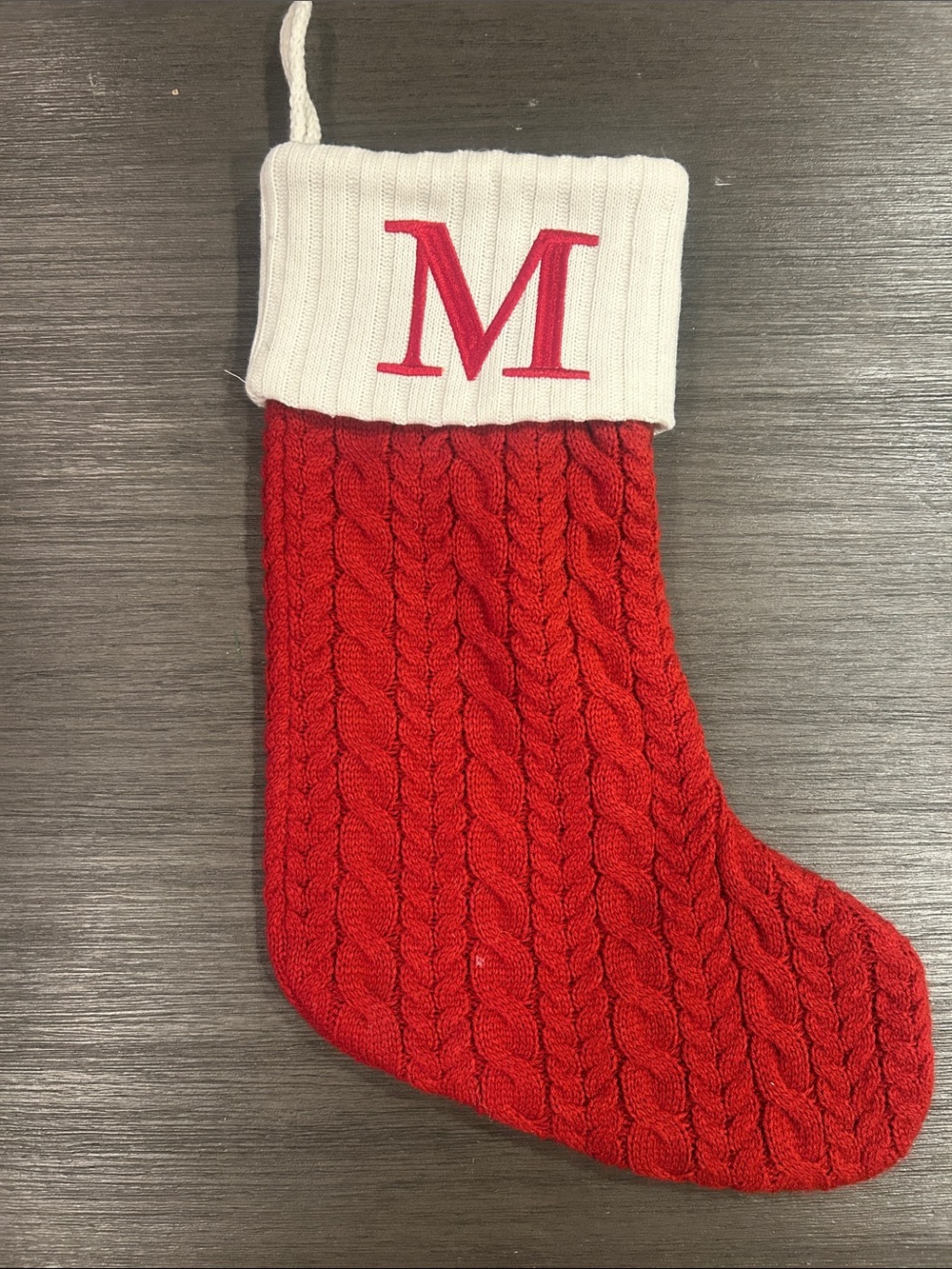 Monogram Red Cable Knit Christmas Stocking with White Cuff